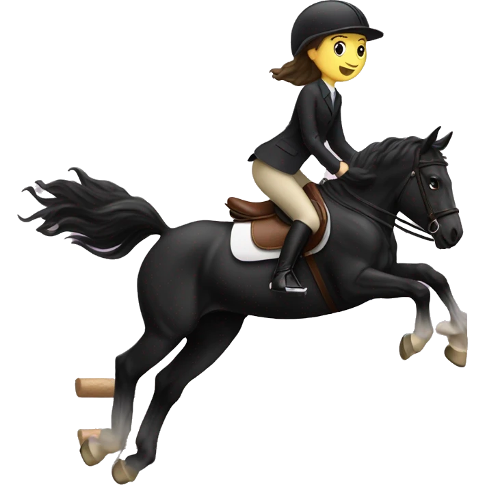 Girl riding black horse over a jump in an English saddle emoji