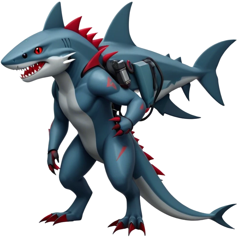 Realistic dark edgy futuristic modern advanced cyborg-Sharpedo-Zoroark-Scizor-canine-vernid-sergal-fursona-hybrid-animal creature with a shark-tail and red scars, full body, with cool sharp markings  emoji