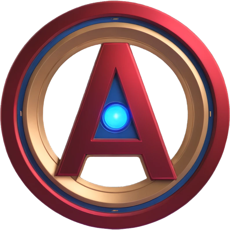 3D emoji-style alphabet letter A inspired by the Avengers logo, bold metallic with a sleek futuristic finish, glowing blue arc reactor at center, subtle Captain America shield textures, red and gold accents like Iron Man's suit, cute compact glossy high-tech heroic vibe suitable for emoji use emoji