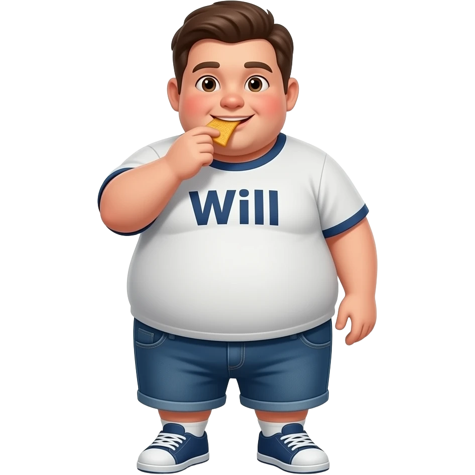 NIÑO Y QUE SE LE VEA TODO EL CUERPO.Personaje muy gordo, se llama Will. En su camiseta pone su nombre (Will). Muy GORDO y con toda la cara manchada de tanto comer. SOLO CARA MANCHADA, NO CUERPO MANCHADO. Que esté comiendo DORITOS emoji