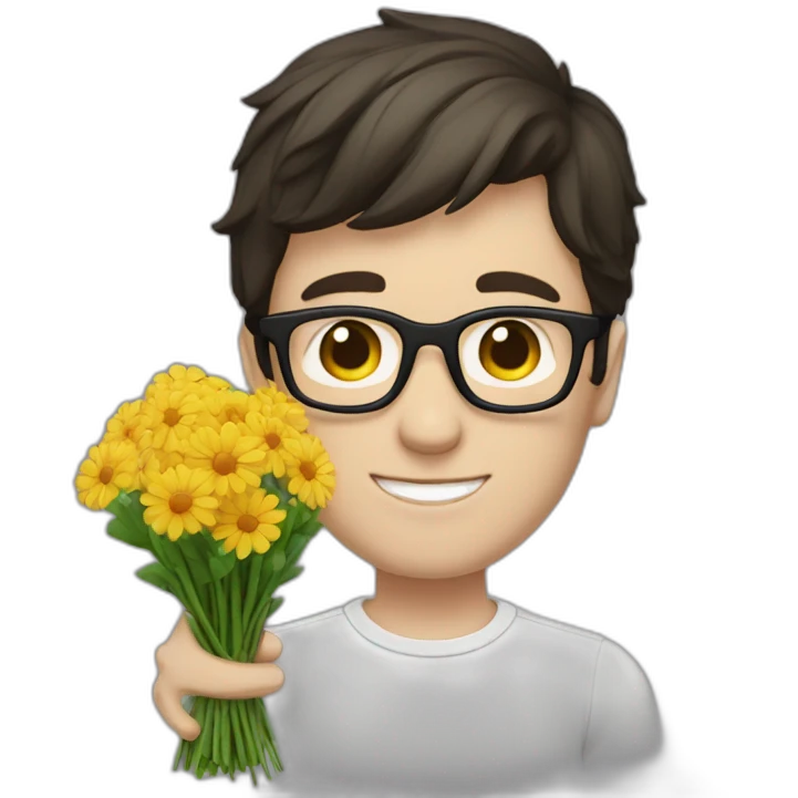white skin guy with dark hair and glasses gives a bouquet of flowers emoji