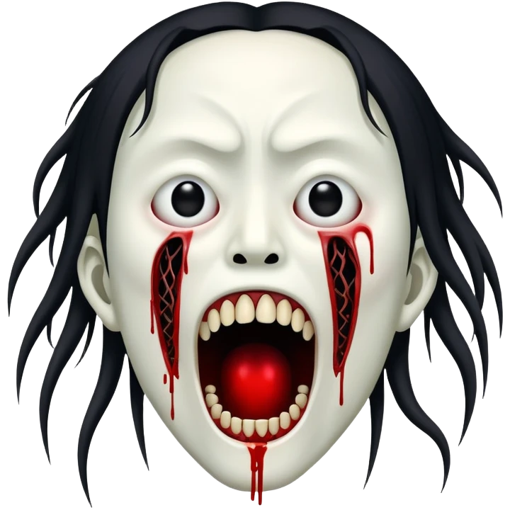 terrifying japanese yurei ghost with pale distorted face, black hollow eyes, impossibly wide mouth filled with countless needle-like teeth, blood stains, contorted body emoji