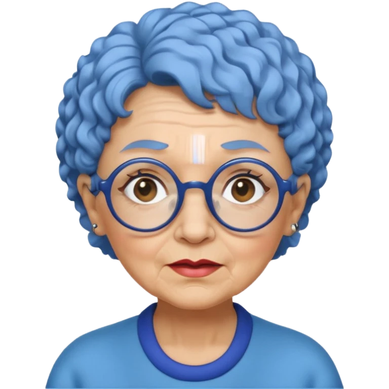 old lady with short, curly blue hair, matching blue eyebrows, light brown skin, round black glasses, and a neutral facial expression. emoji