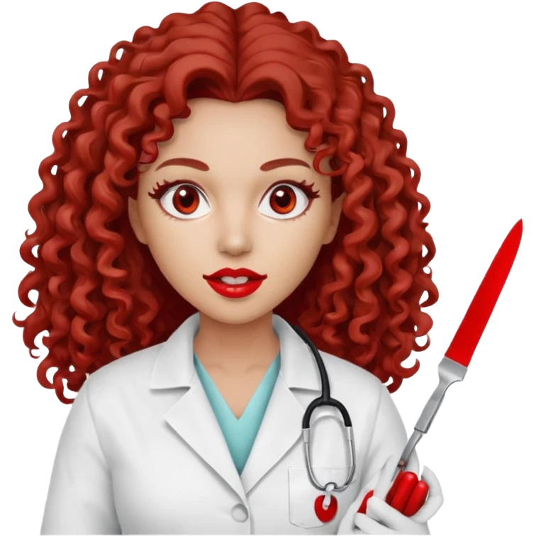 0Scary woman scalpel in hand, evil surgeon sexy surgeon clothes.  She has red eyes. Her  brown long curly hair. Wears sexy doctor outfit with red gloves. make her hair free and brown but she  wear mouth cover   to hide. Wears white surgeon jacket and  only   death long , long beown hair  emoji