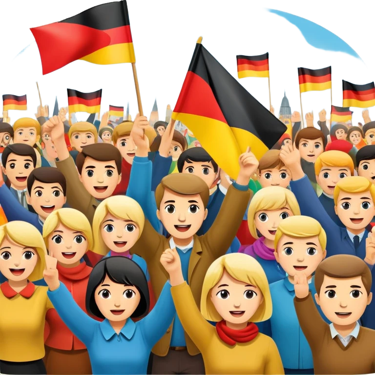 West German protest scene with people holding colorful protest signs, BRD flag, lively mood, 1960s emoji