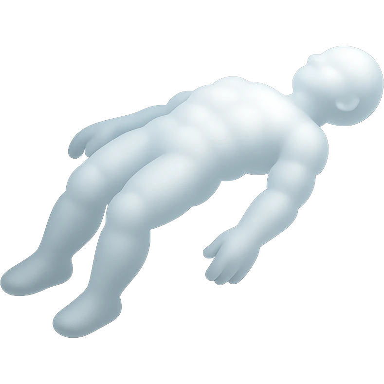 side view of unconscious person flying torso up, legs and arms down, made of very bright white fluffy convex small clouds, matte glass style emoji