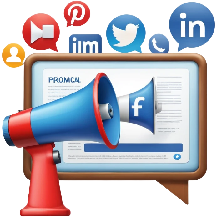 An icon featuring a megaphone, a billboard, and social media icons, symbolizing advertising and public relations. The design includes a press release and a rising graph, representing brand promotion and communication strategies. Transparent background highlights media influence and outreach. emoji