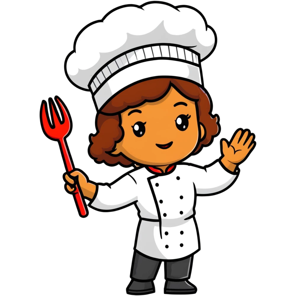 Light brown skinned mixed-race female chef with medium-length curly brown hair, wearing a chef's hat (toque), with both an angel halo and devil horns on her head emoji