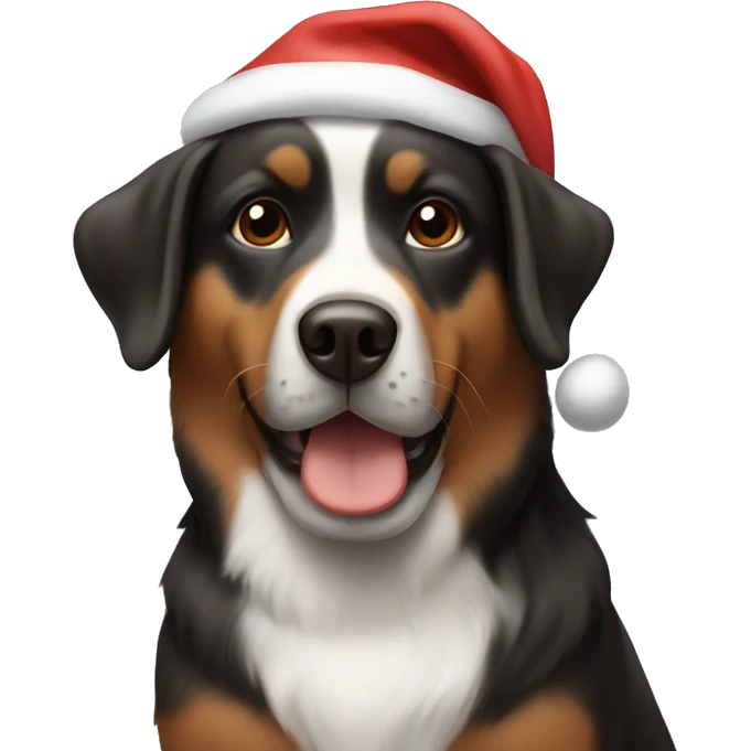 brown and black dog in a christmas hat next to present  emoji