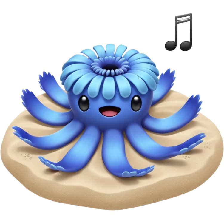 Light blue sea anemone with arms listening to music on sand emoji