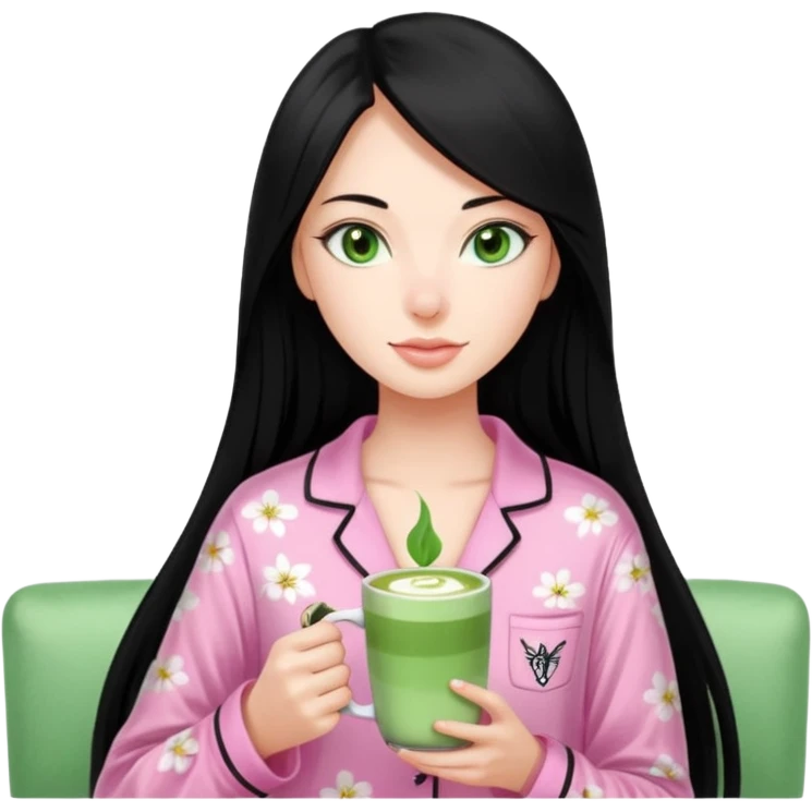 a 18 year old woman pin straight long black hair green eyes pink Victoria secret pjs with matcha emoji