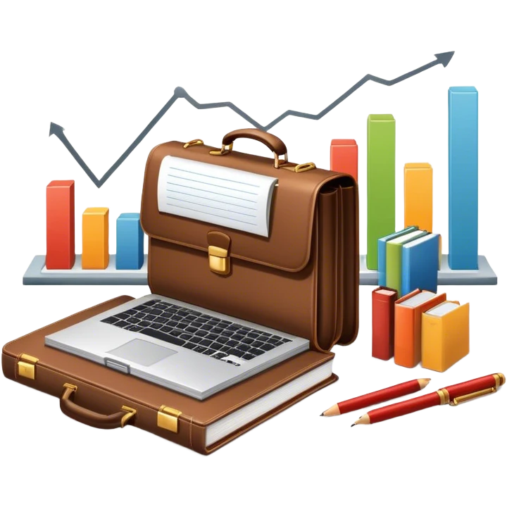 Icon for Business Reading: a prominent book at the forefront, with a briefcase, laptop, and notepad around it, along with a bar graph and symbolizing ideas and growth. The icon should represent the knowledge and strategy of business literature. Transparent background. emoji