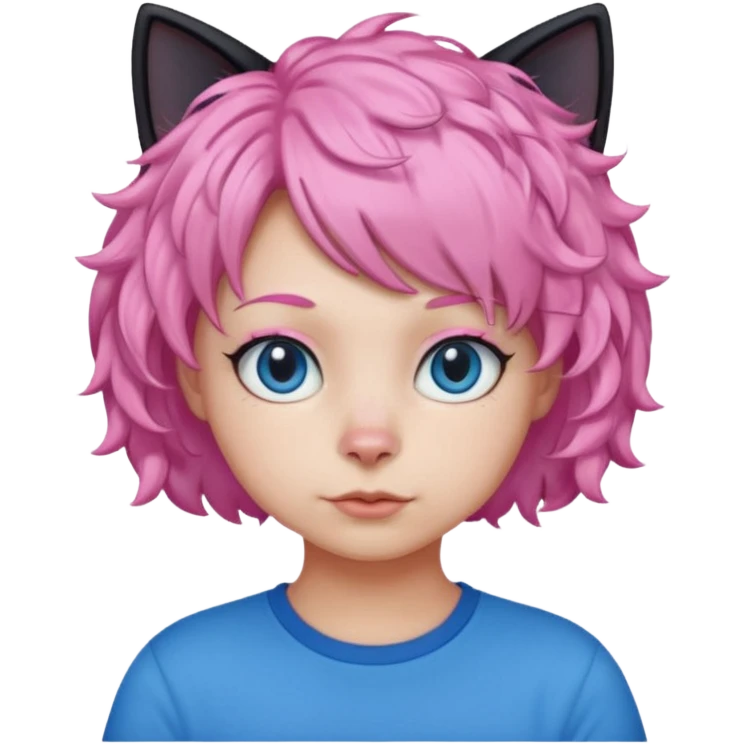 a Black cat wearing a short curly pink hair wig, blue T-shirt emoji