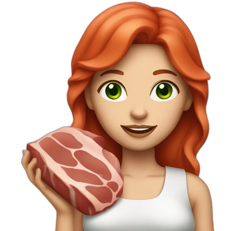 white skin red hair green eyes woman holding meat emoji