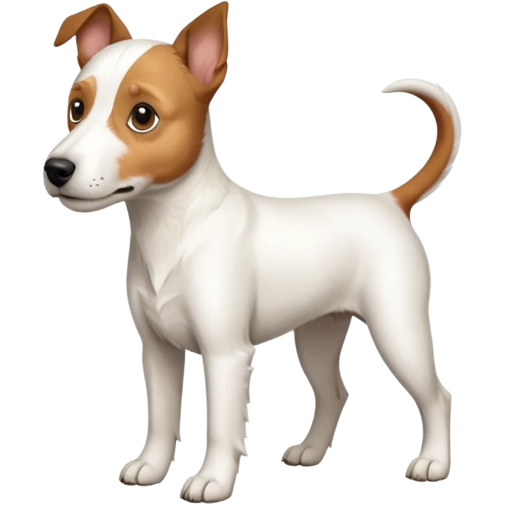 a full body large white parson russell terrier looking dog the size of a kelpie with light brown long ears and a light brown patch on one eye and a large snout emoji