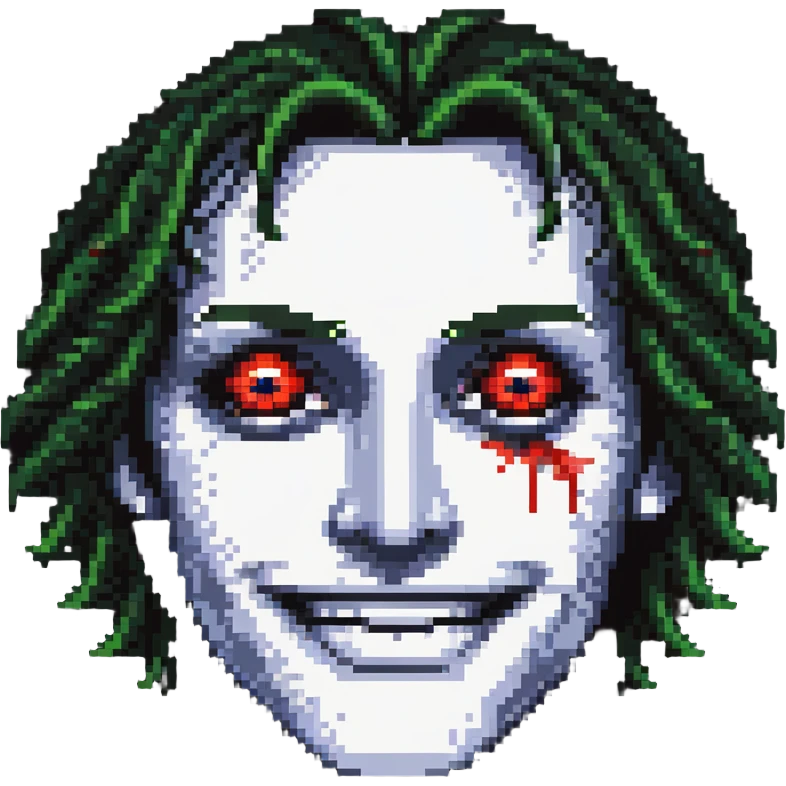 A pixelated face with droopy eyelids, bloodshot eyes, and a blissful smile - looking high and stoned emoji