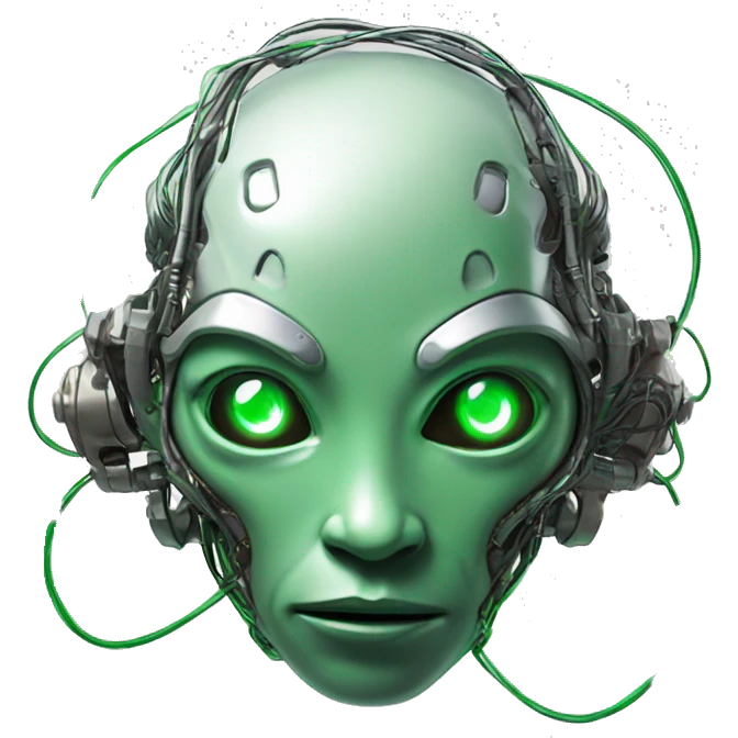 Round Alien cyborg head with glowing wires and green eyes  emoji