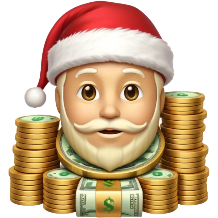 A confident rich emoji face wearing a Santa hat, money stacks, casino vibe, New Year theme, premium 3D emoji style, sharp details, no text, isolated on transparent background emoji