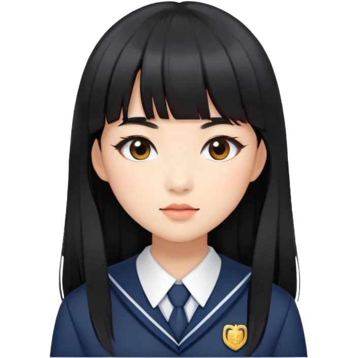 stylish woman with Asian skin, school uniform, long straight black hair with bangs, and soft makeup emoji