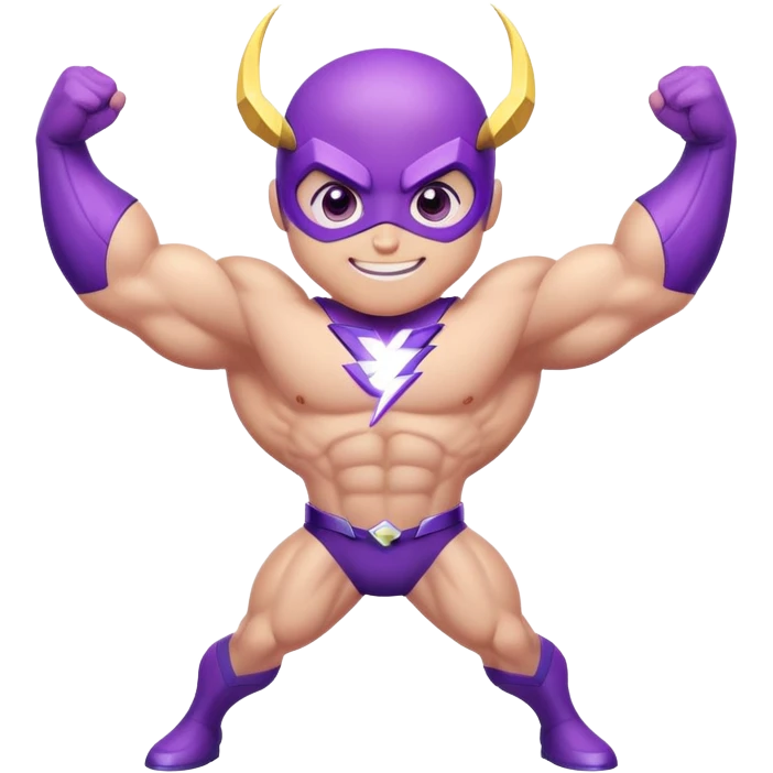 adorable purple insect superhero with big bulging muscles, electric lightning arms, huge cartoon eyes, and a confident smiling expression emoji