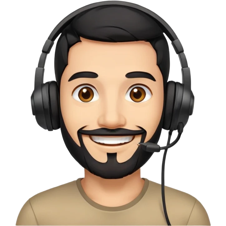 Happy smiling man with black hair, brown eyes, black beard wearing a gaming headset emoji