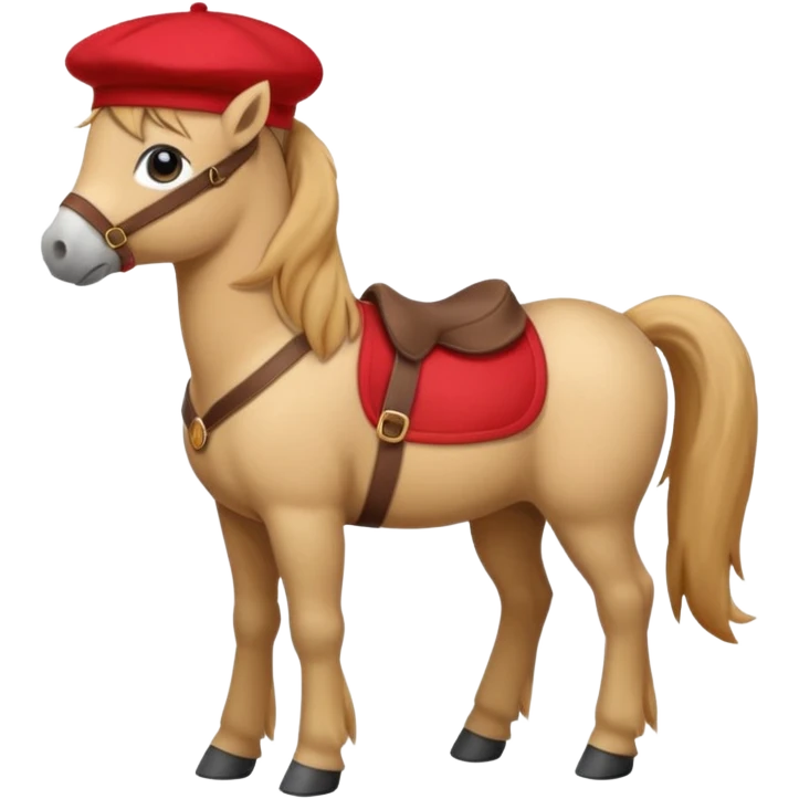 A cute pony (horse) emoji, full body, standing in side view, wearing a stylish red beret. emoji