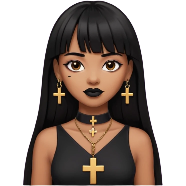 vampira parda com cabelo preto longo e liso e franja, olhos pretos, brincos em formato de cruz, choker em formato de cruz, roupa preta com decote, batom preto e sorrindo de canto emoji