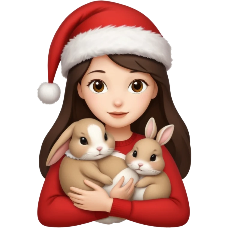 Brunette hugging one beige rabbit christmas emoji