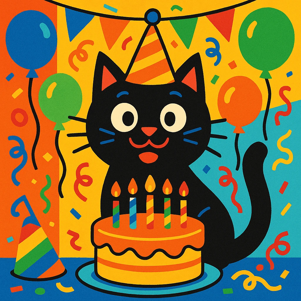 a black cat having a birthday party, vibrant cartoon style emoji