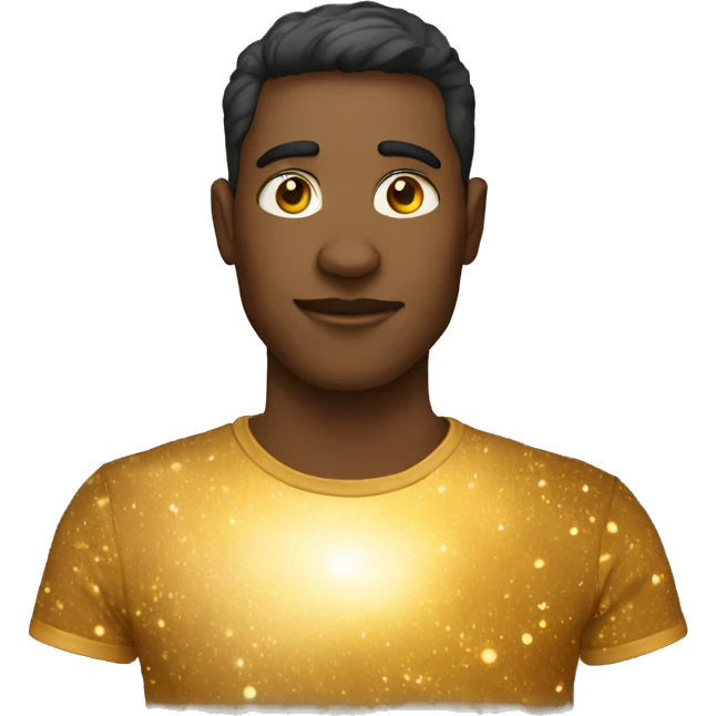 Person wearing t shirt filled with golden galaxies emoji