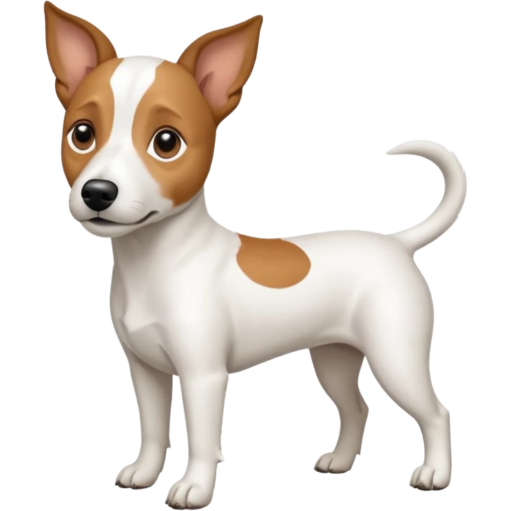 a full body white jack russel looking dog the size of a kelpie with light brown ears and a light brown patch on one eye, flopped down ears and a large snout emoji