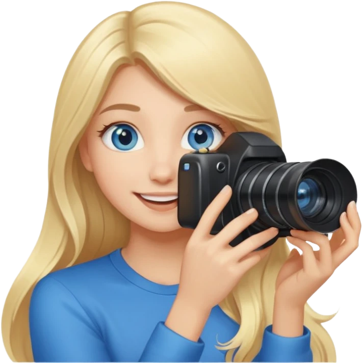  blue eyes blonde girl photographer cartoon taking picture in middle of taking picture camera in front of face long hair smiling funny flash professiona emoji