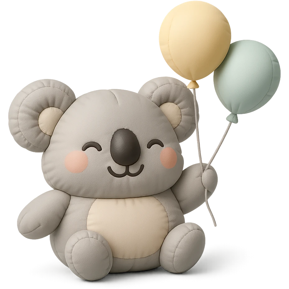 koala floating with pastel balloons, happy face, cushion style emoji