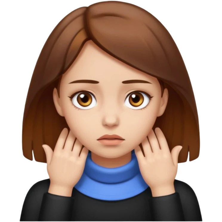 Girl with brown hair and central heterochromia , skin tone light, with her hands on her neck and is annoyed￼  emoji
