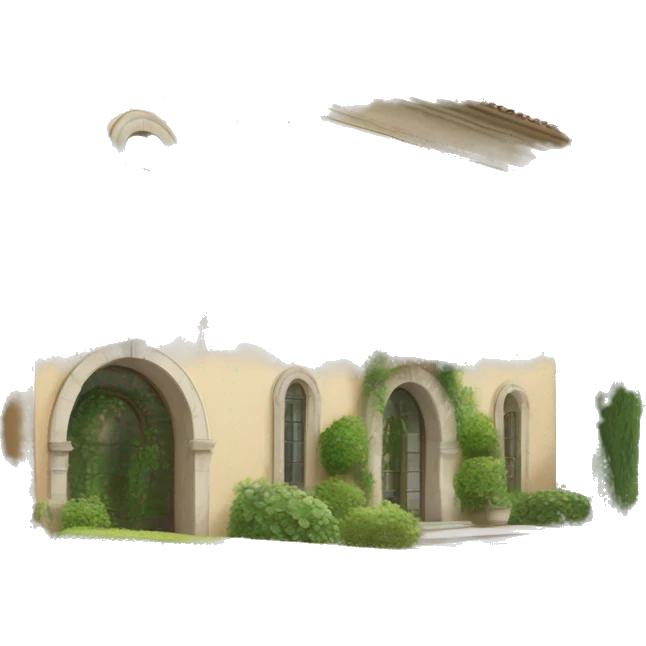 Italian villa with its grand stucco exterior, arched windows, and lush greenery.  emoji