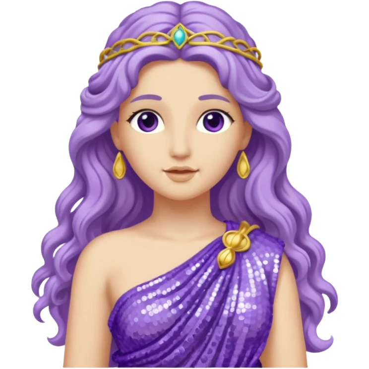 Aphrodite from Roman Deities with long lavender wavy hair, lavender sequin toga emoji