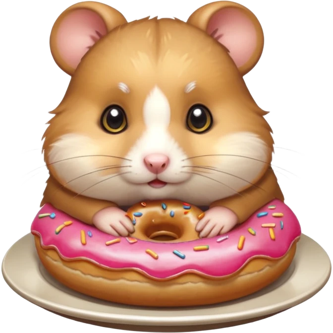 Cute cartoon-style hamster staring dramatically at a donut on a plate, conflicted expression, big shiny eyes. Painterly shading, white background, sticker-style illustration emoji