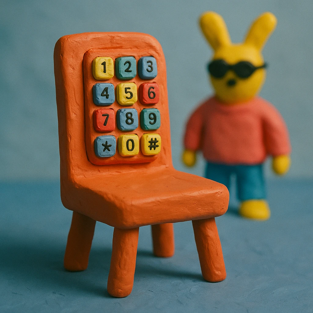 claymation style chair with DTMF buttons, Bad Bunny energy, album cover emoji