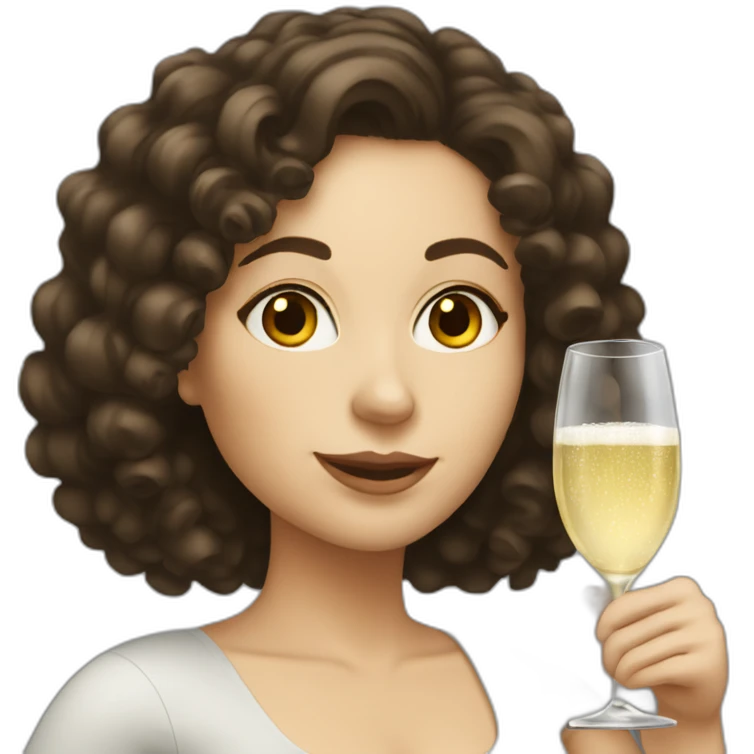 White woman with dark brown curly hair drinking prosecco emoji