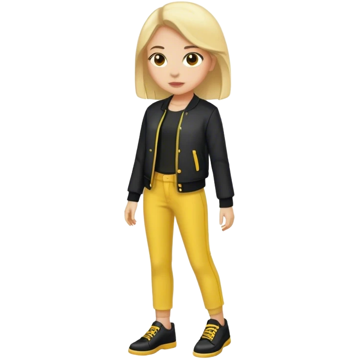 girl with yellow pants and black shoes on with black jacket  emoji