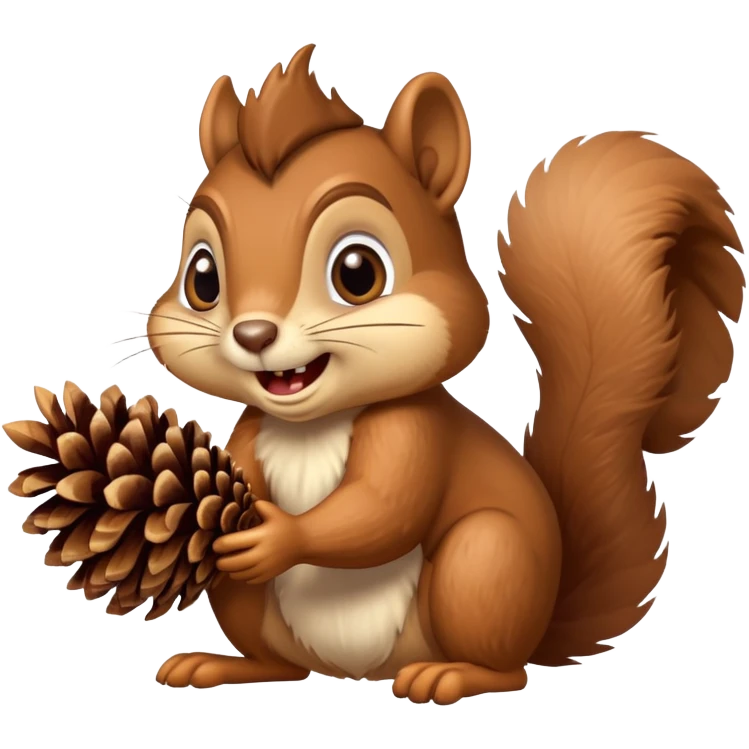 A greedy squirrel with a large pine cone balanced on its head, making a weird facial expression, wide eyes, and mischievous grin emoji