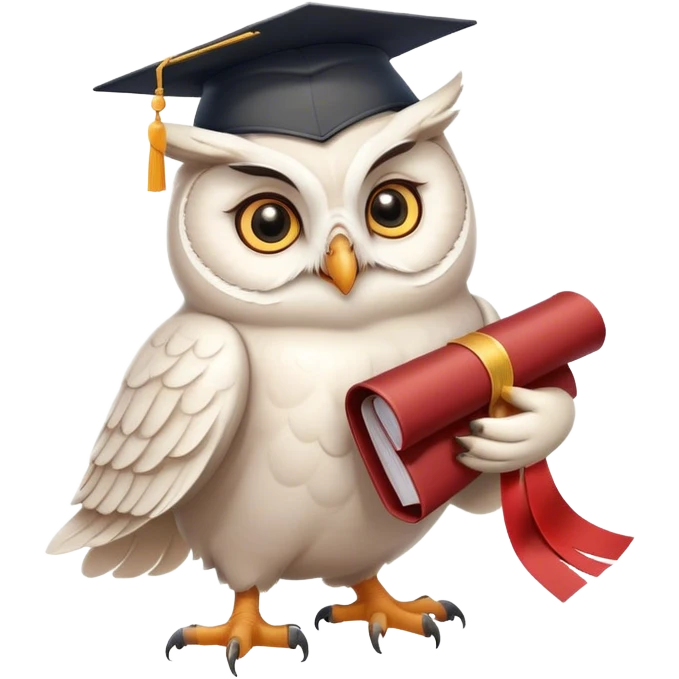happy white Owl dancing with graduation hat and diploma in claws emoji
