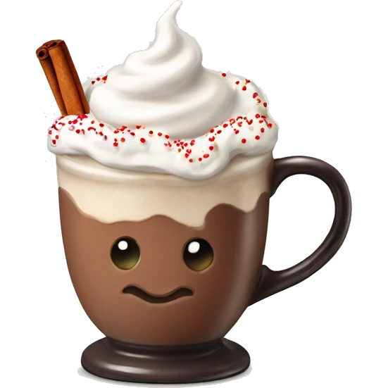 Decorated Christmas mug of hot chocolate with whipped cream and cinnamon emoji