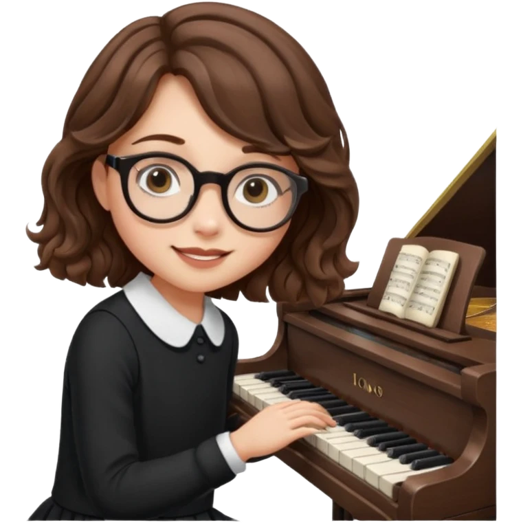 girl brown hair wavy. round glasses eye. playing piano emoji