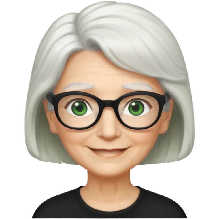 White hair grandma, green eyes, hair to shoulder, lokeg black glasses, rectangles face, smile , emoji