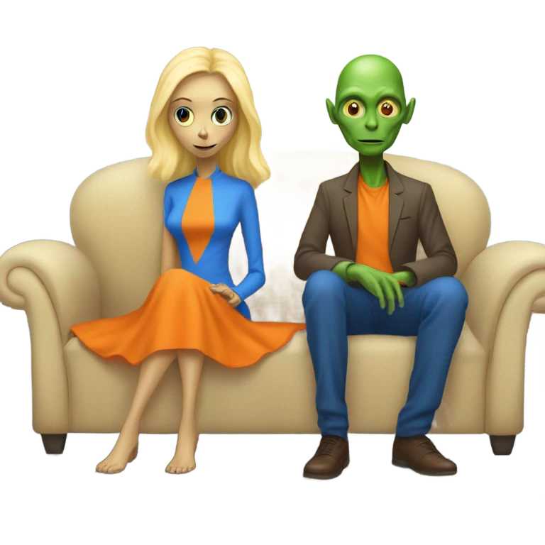 blonde alien reptilian woman in orange dress and humman man in blue, sitting on a couch  emoji