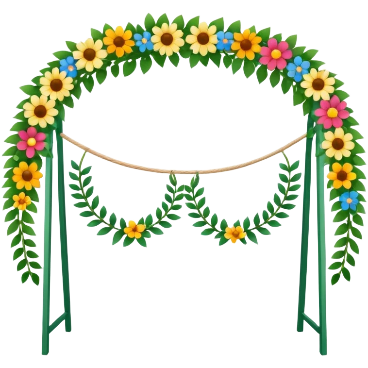 midsommarstång (Swedish maypole) decorated with green leaves and colorful flowers, standing upright with two floral wreaths hanging from the crossbar, festive and cheerful, clean modern illustration style emoji