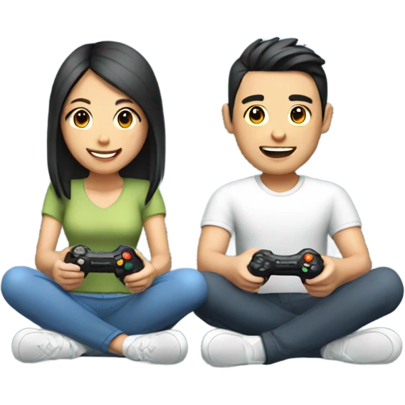 Cute Asian Couple sitting together and having fun playing video games emoji
