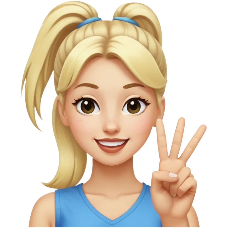 blonde girl with high pony tail hair, winking and making peace sign emoji