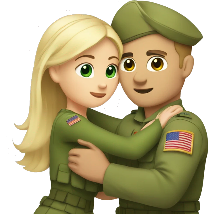girl with blonde hair and green eyes, hugging military guy with short brown hair emoji